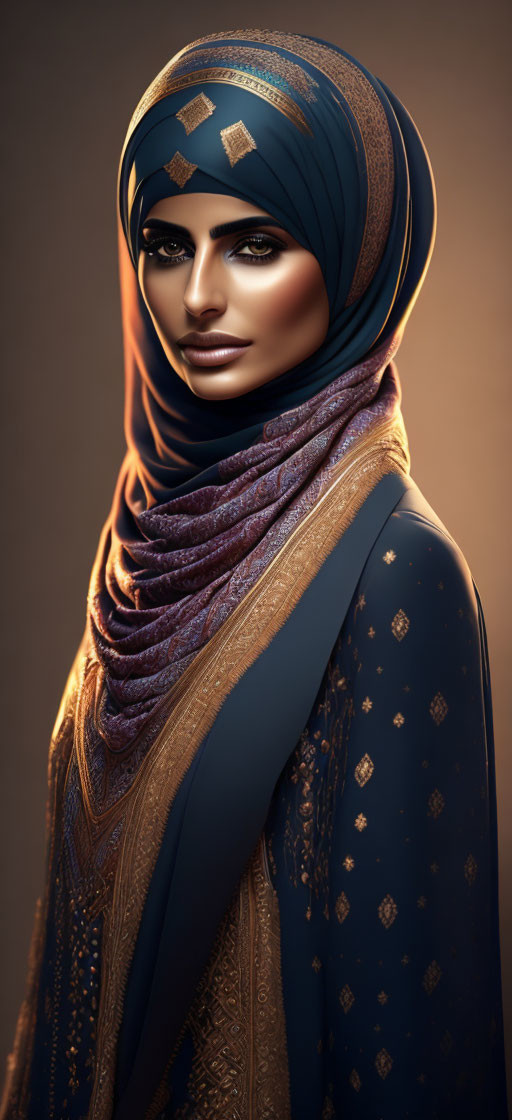 Illustration of Woman with Striking Makeup in Blue and Gold Hijab