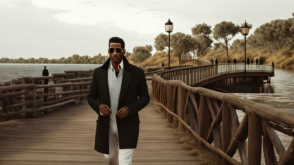 Confident man in dark coat and sunglasses on wooden bridge with trees and lamps.