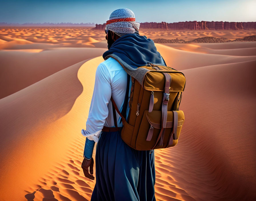 Person with backpack and headscarf on desert sand dunes.