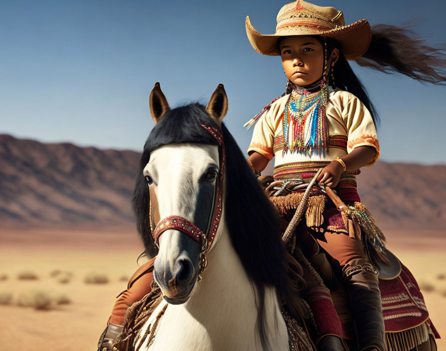 Child in Cowgirl Attire Riding Horse in Desert