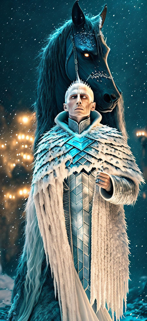 White-haired elf-like character in armor and fur cloak with black horse in snowy scene