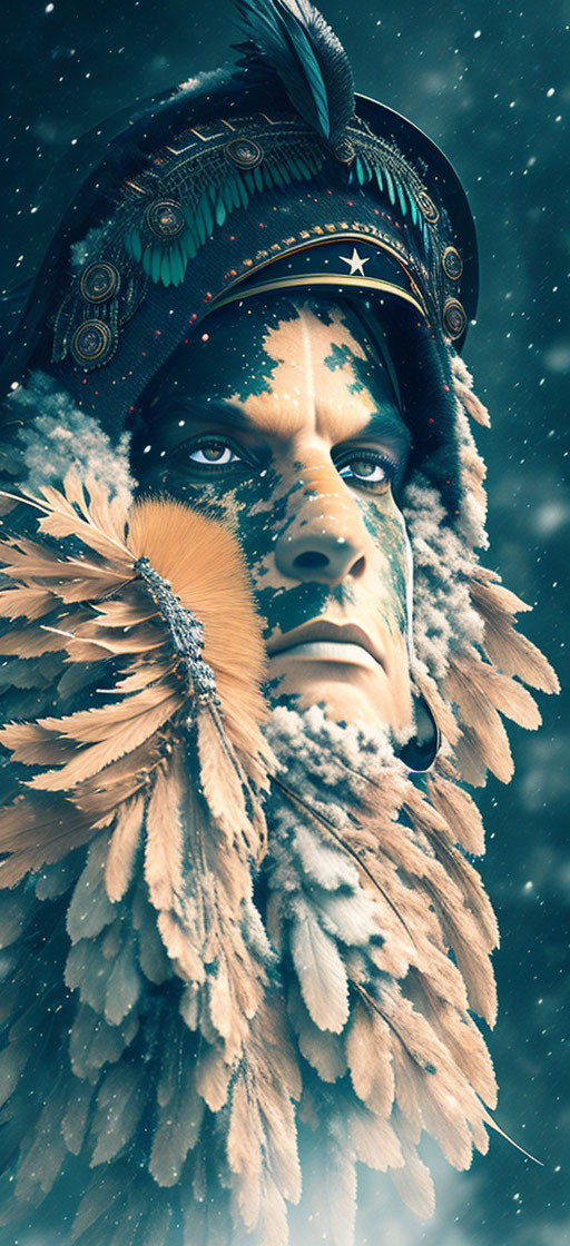 Person in Feathered Headdress with Face Paint Surrounded by Snowflakes