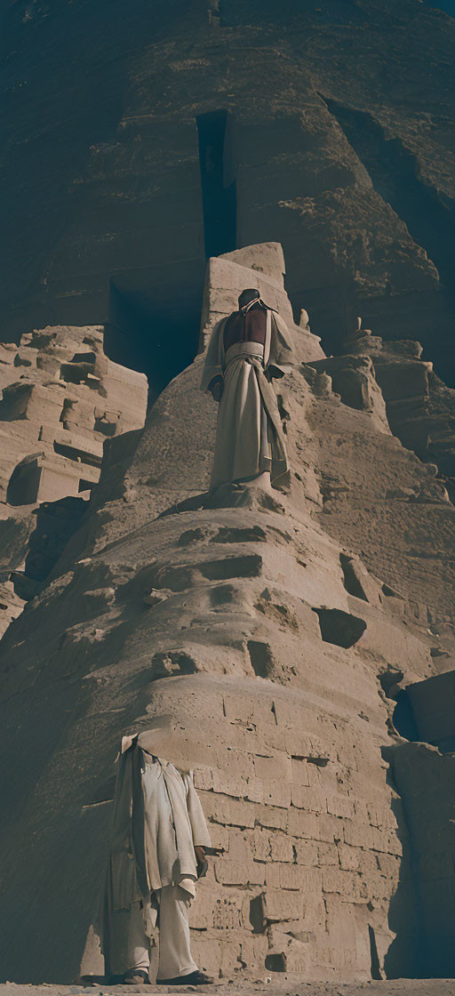 Person climbing ancient, carved structure in traditional clothing