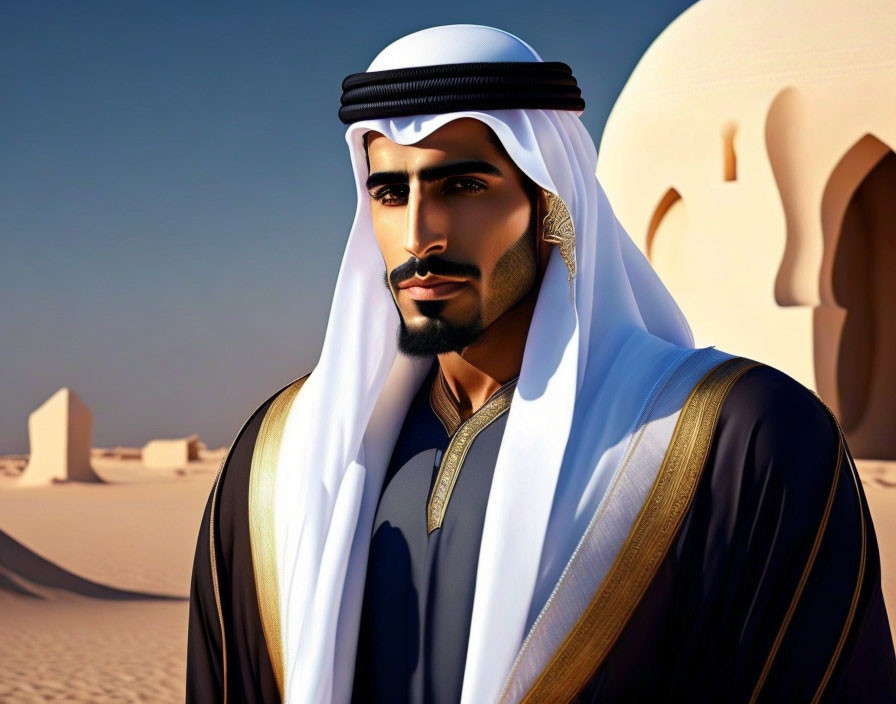 Man in Traditional Arab Attire Against Desert Background