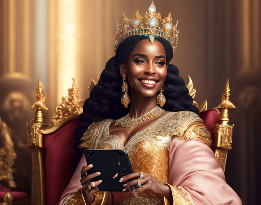 Regal woman on throne with crown holding smartphone