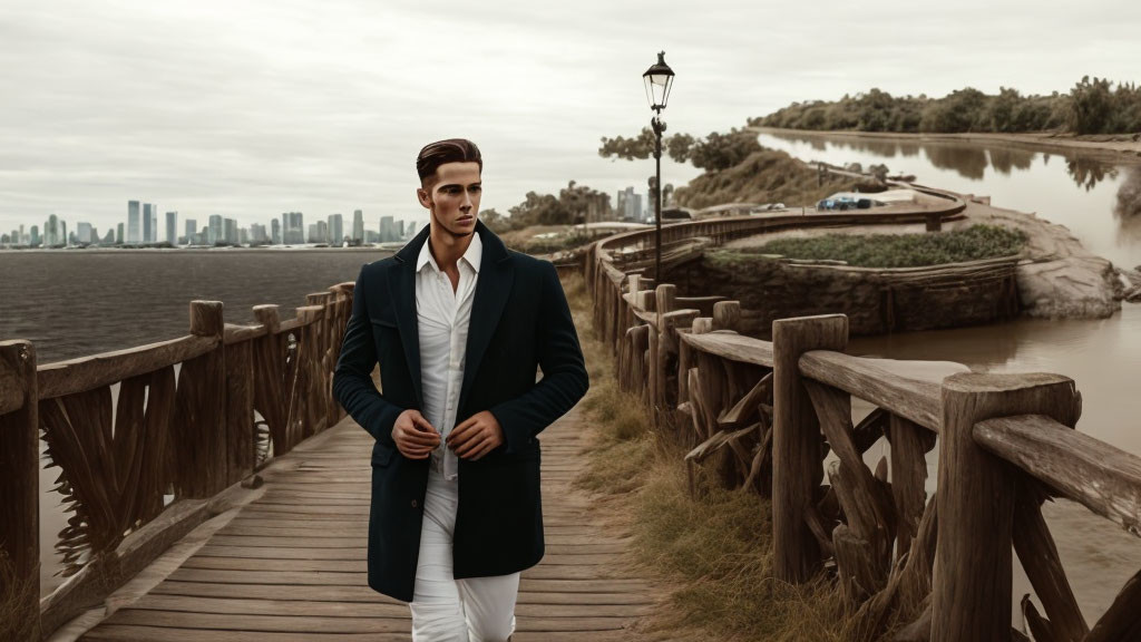 Fashionable man in navy blazer and white pants on bridge with city skyline.