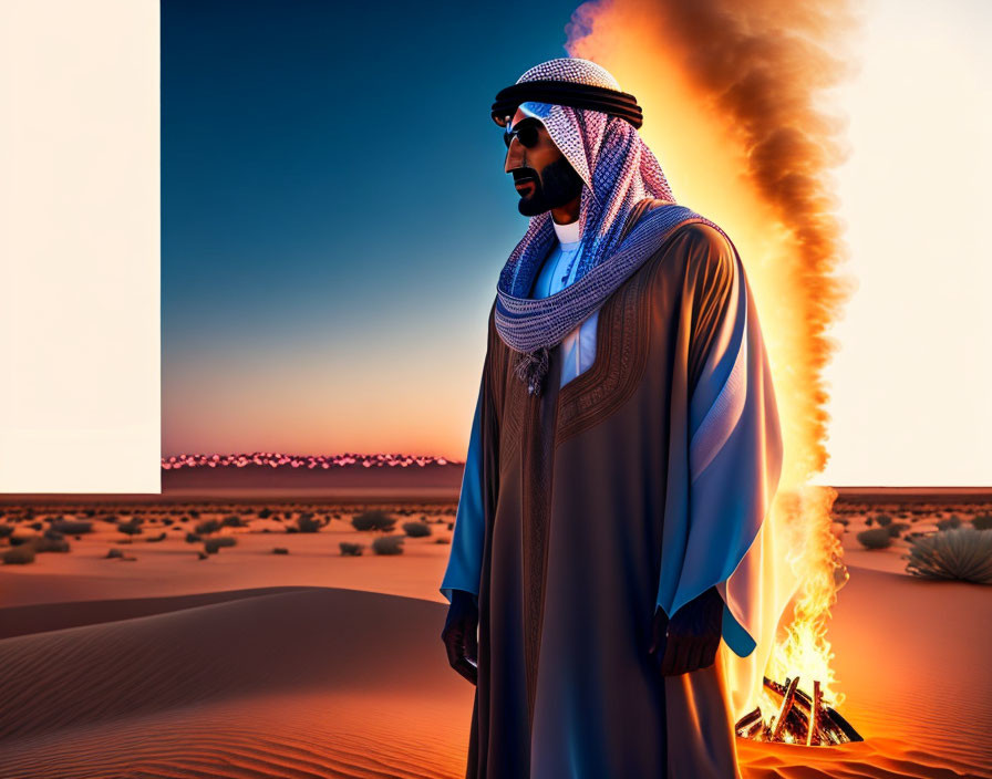 Traditional Arab attire man in desert at dusk with large fire.