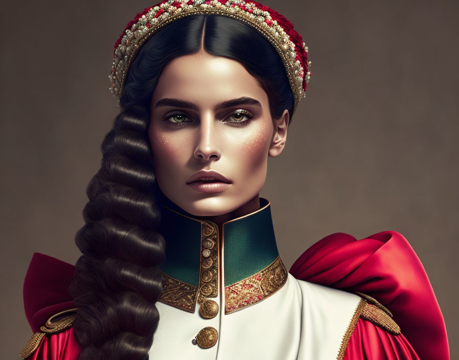 Woman in red and white outfit with braid and jeweled headpiece