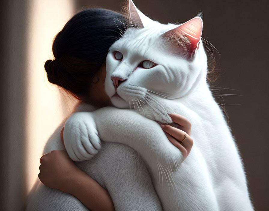 Woman embracing large white cat in soft light - tranquil and affectionate scene