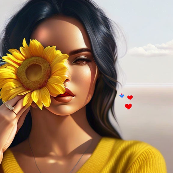 Woman Holding Sunflower in Digital Illustration