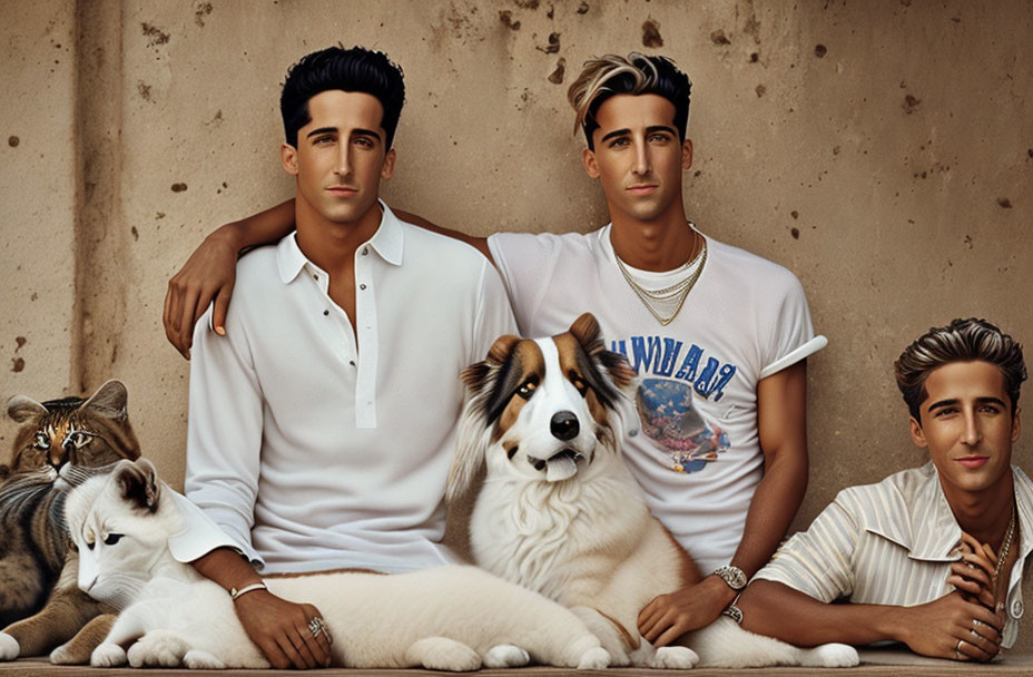 Three Men with Dog and Cats in Casual Attire Against Beige Wall