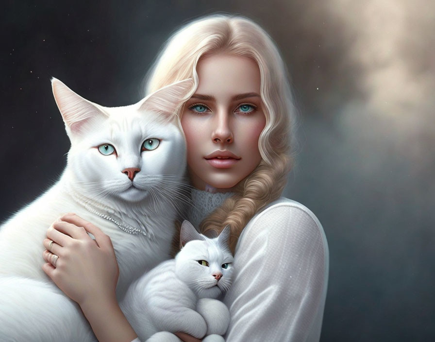 Blonde woman with blue eyes holding white cat and kitten