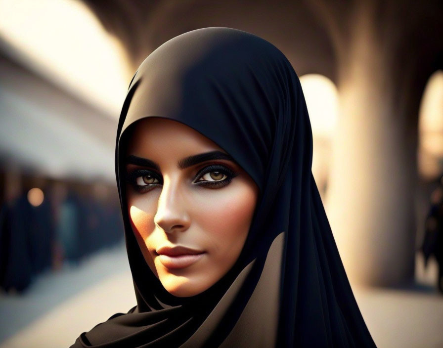 Digital artwork of woman in black hijab with striking eyes in public space