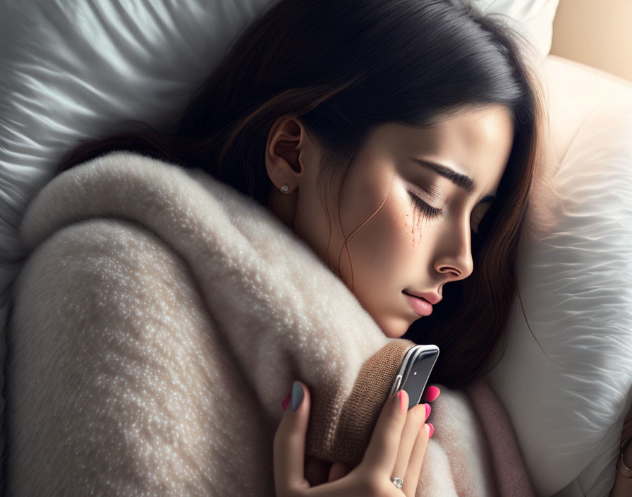 Woman peacefully sleeping with phone, wrapped in soft blanket, tears on cheeks