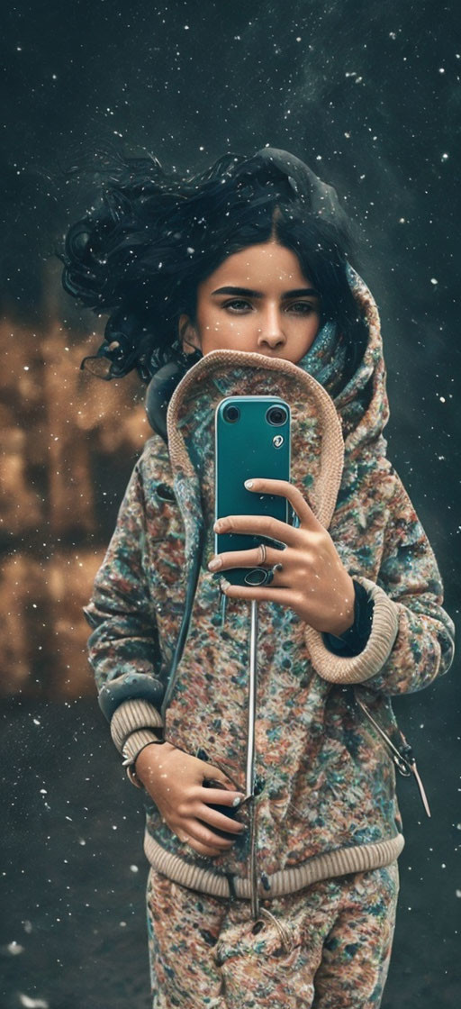 Woman in winter outfit taking selfie with falling snowflakes and wind-blown hair