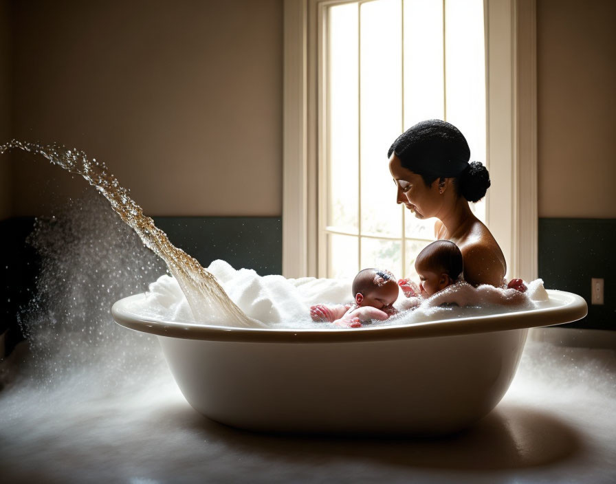 Mother and infant bathing in white tub with bubbles under streaming sunlight