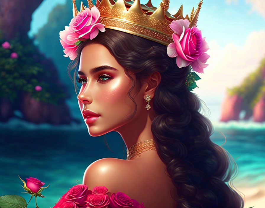 Digital art portrait of woman with crown, roses, wavy hair, and coastal backdrop