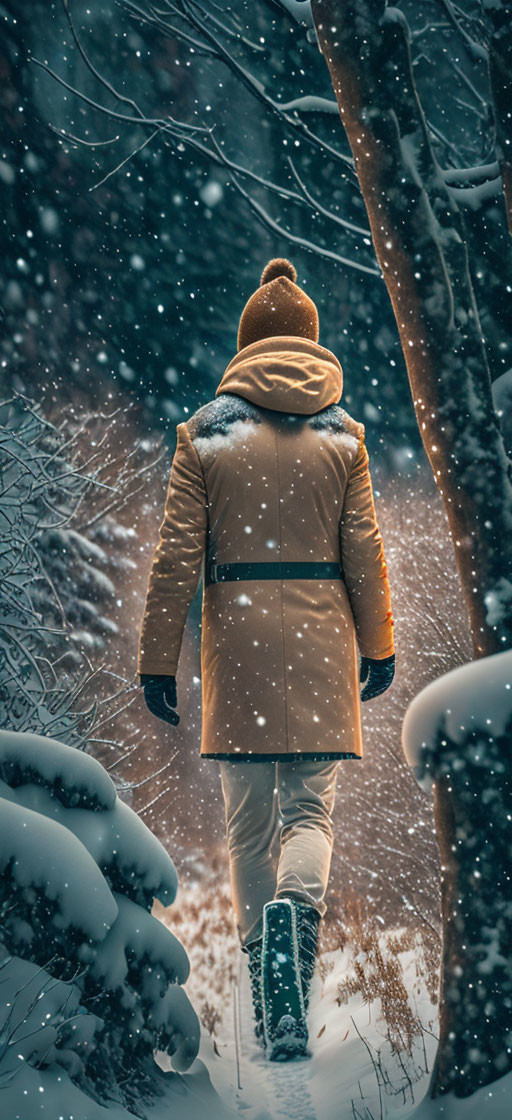 Person in Warm Coat Walking in Snowy Forest with Falling Snowflakes