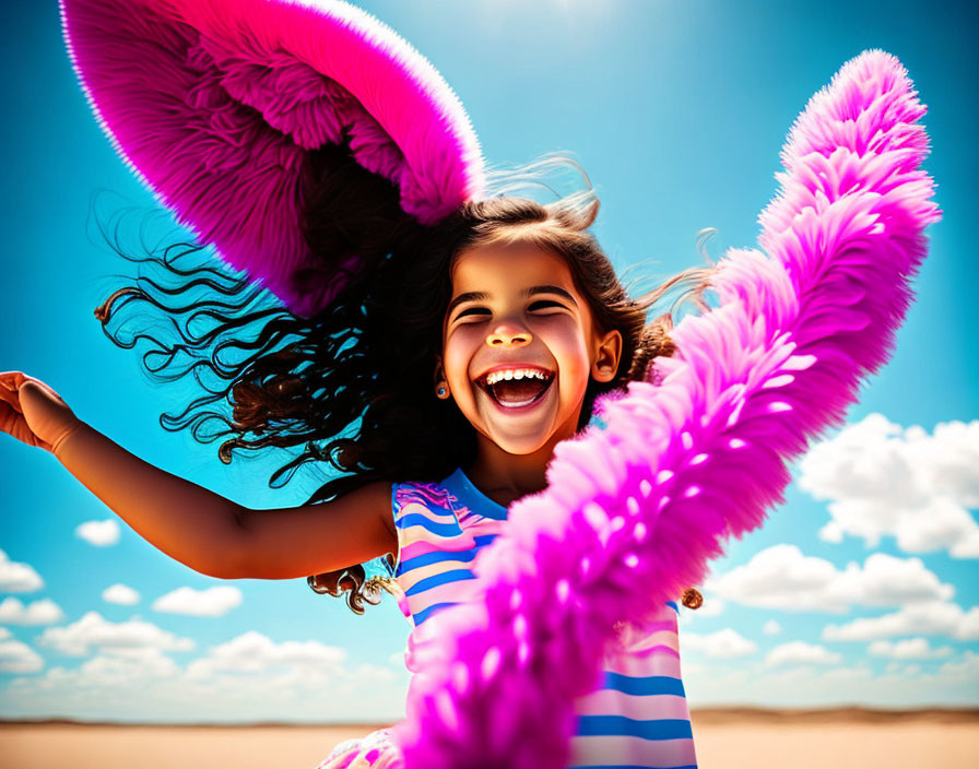 Young girl with curly hair in striped dress holding pink feathers on sunny beach.