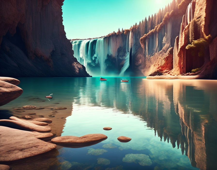 Tranquil waterfall flowing into peaceful lake with canoes under sunlight