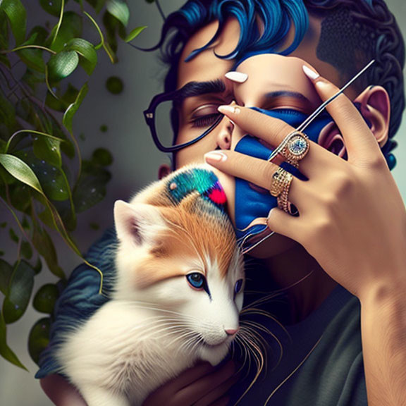 Illustration of person with blue hair and glasses groomed by scissor-wielding hand with cat.