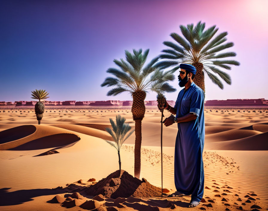 Person in traditional attire among palm trees in desert with sand dunes and purple sky.