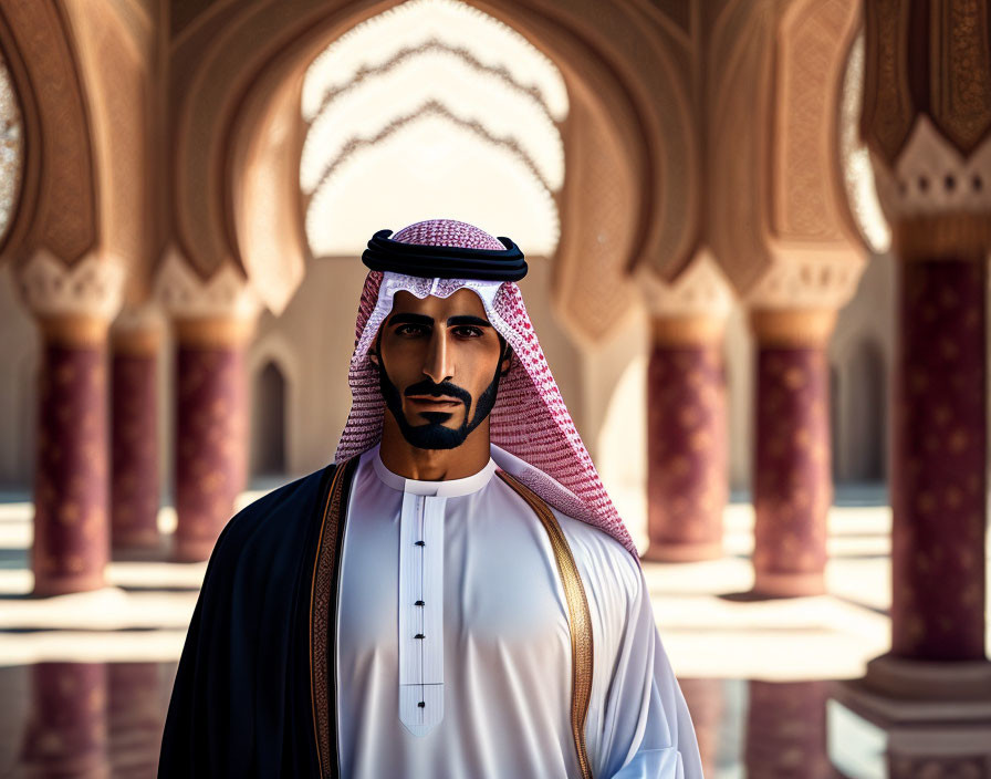 Traditional Arabic Attire Man in Ornate Hallway with Arches