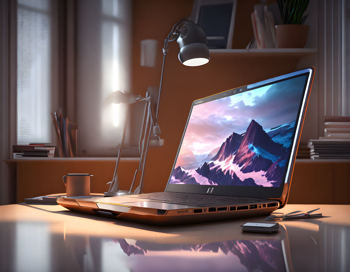 Laptop with mountain wallpaper, coffee cup, stationery, lamp, and books on desk at sunrise