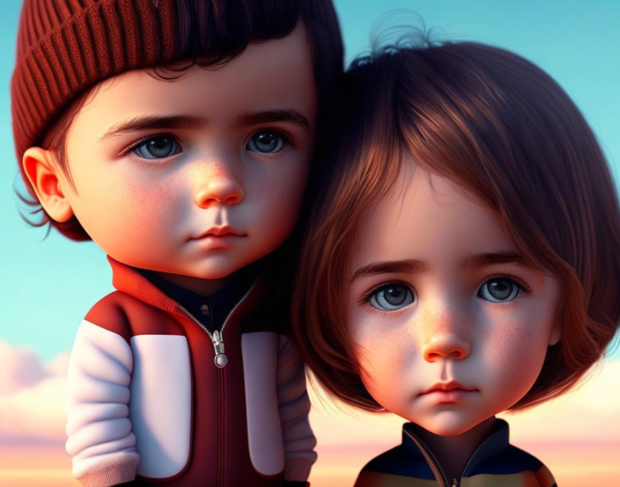 Two children with expressive eyes in animated style against a soft sunset sky