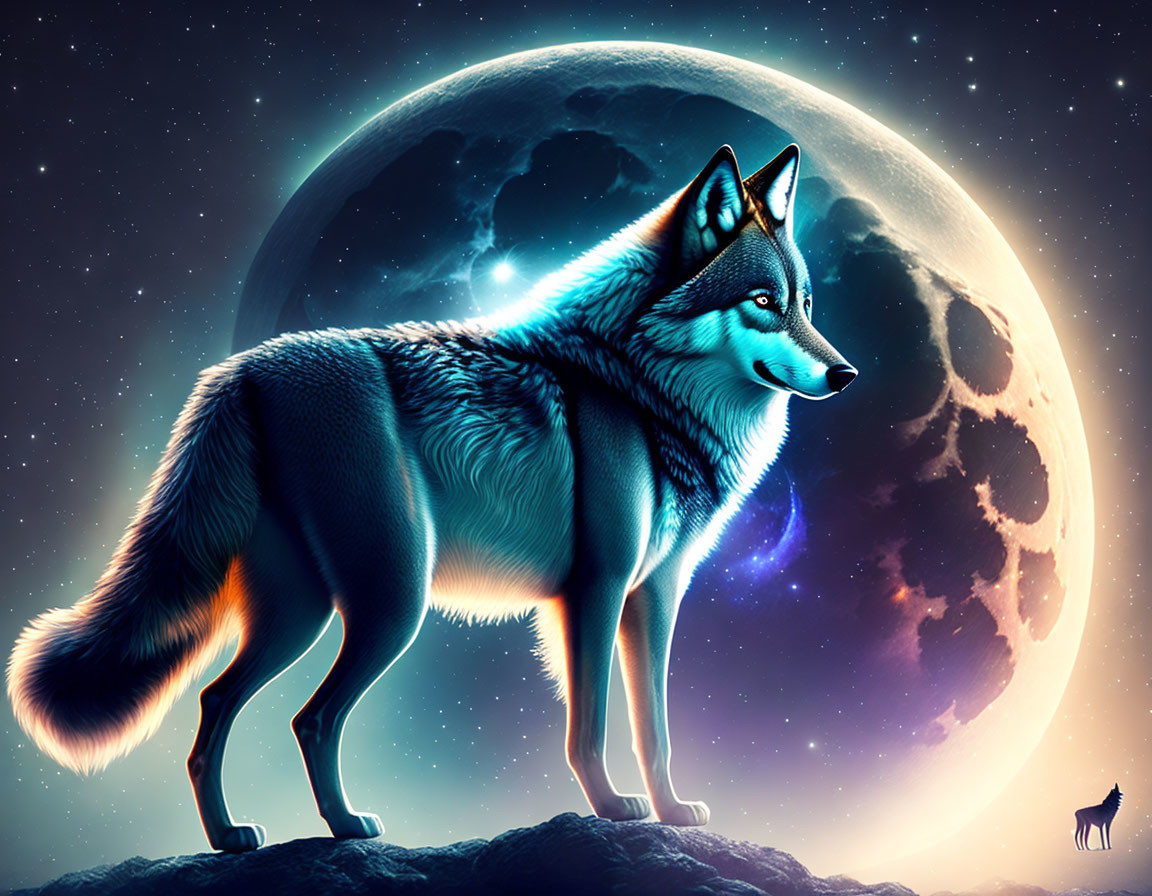 Vibrant digital artwork of large wolf on rocky terrain with surreal moon