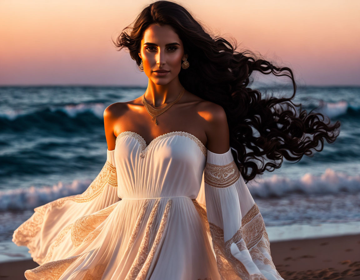 Woman in white flowing dress on beach at sunset with ocean waves in background