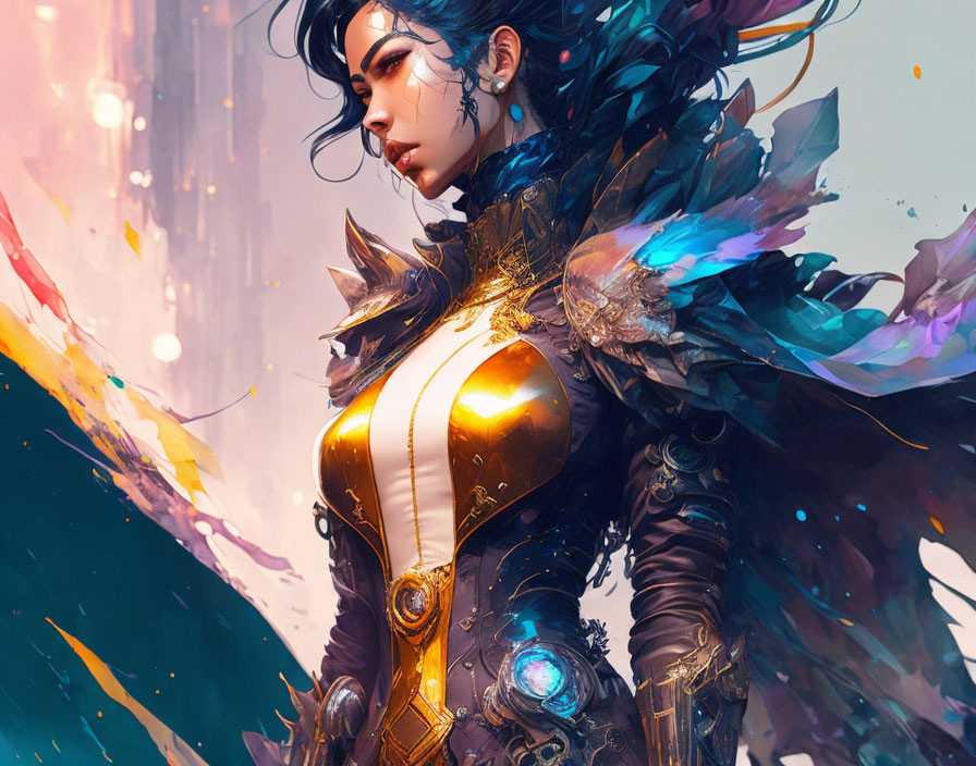 Fantasy digital artwork: Female character in ornate armor with vibrant colors