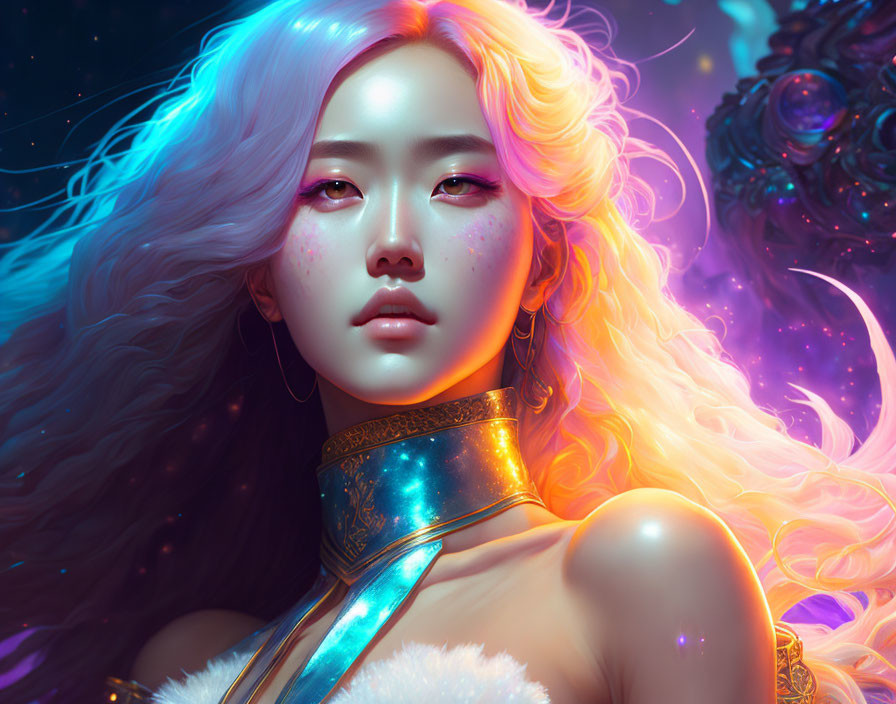 Colorful digital artwork of a woman with multicolored hair and cosmic choker against starry backdrop