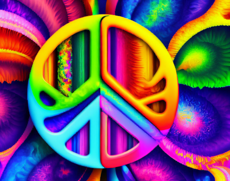 Colorful Psychedelic Peace Sign Surrounded by Swirls and Fractals