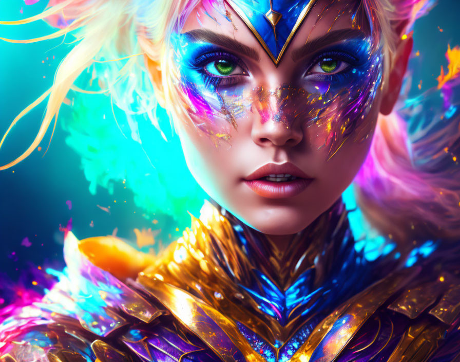 Colorful portrait of woman with blue eyes, face paint, and metallic armor on vibrant background