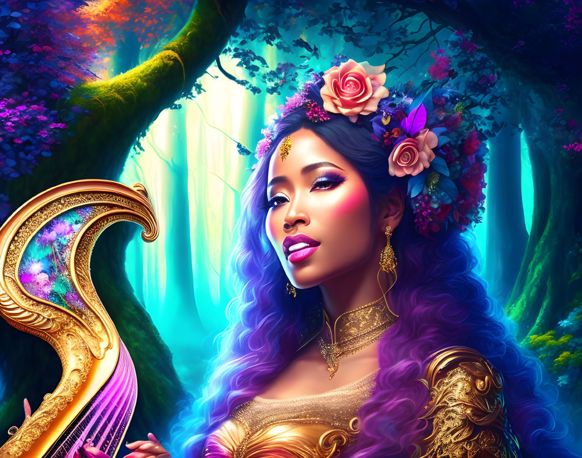 Woman with floral headpiece and golden harp in vibrant forest