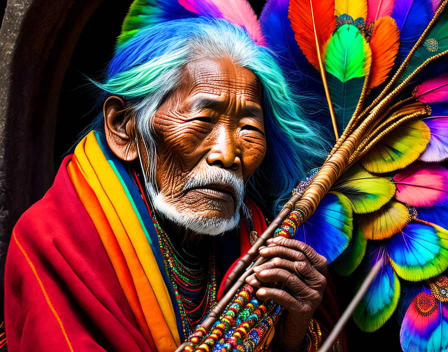 Elderly person in traditional attire with colorful feathers and closed eyes holding a beaded artifact