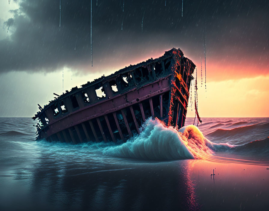 Partially Submerged Old Shipwreck in Stormy Sea