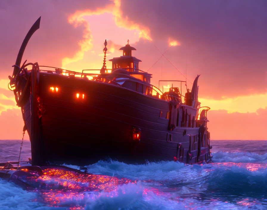 Boat with lit windows sailing on sea at dusk with vibrant purple and orange sky.