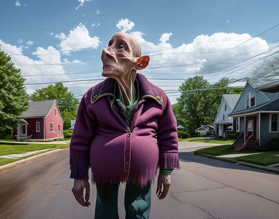 Stylized character with oversized head and pointed ears in purple jacket on suburban street