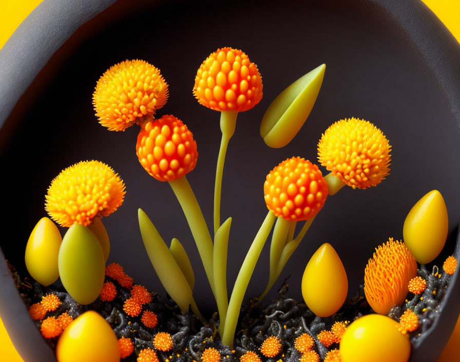 Bright Orange and Yellow Sphere-Shaped Flowers in Dark Bowl on Yellow Background