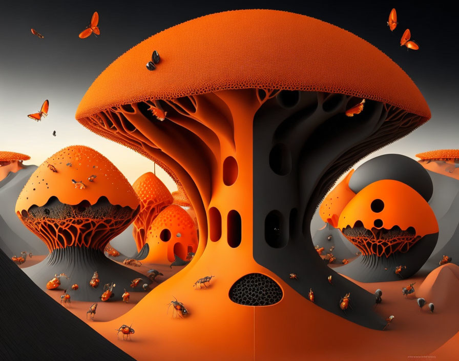 Surreal landscape with oversized orange mushrooms and black holes on gradient background