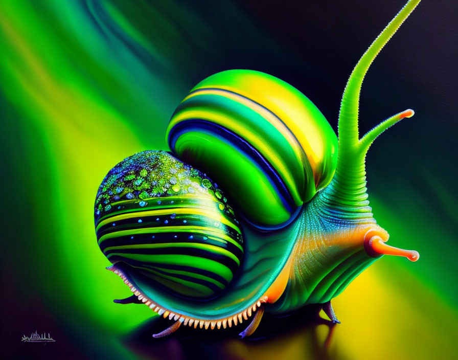 Colorful digital artwork: Vibrant snail with glossy, iridescent shell in green and yellow