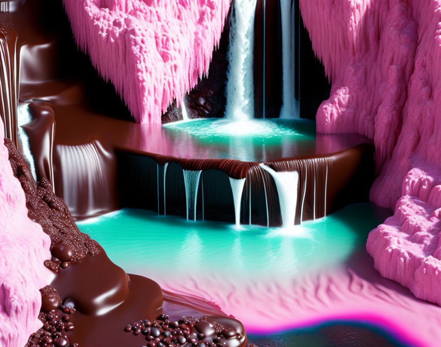 Surreal landscape with chocolate waterfalls and cotton candy-like formations