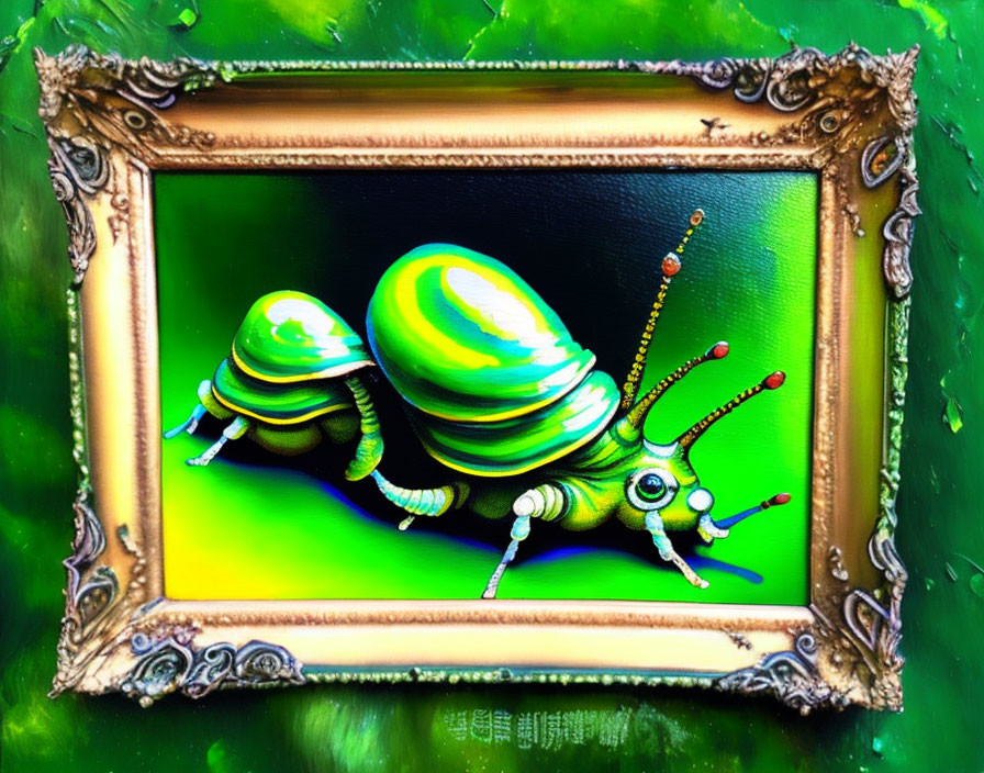 Whimsical green snail creature in vintage frame on luminous green backdrop