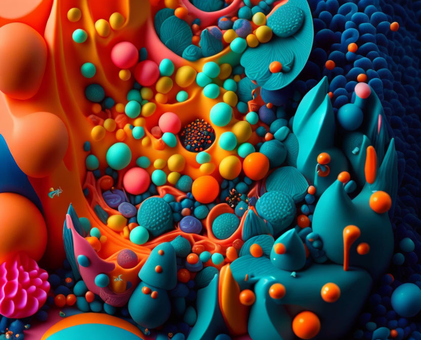 Colorful Abstract Composition with Spheres and Organic Shapes in Orange, Blue, and Pink