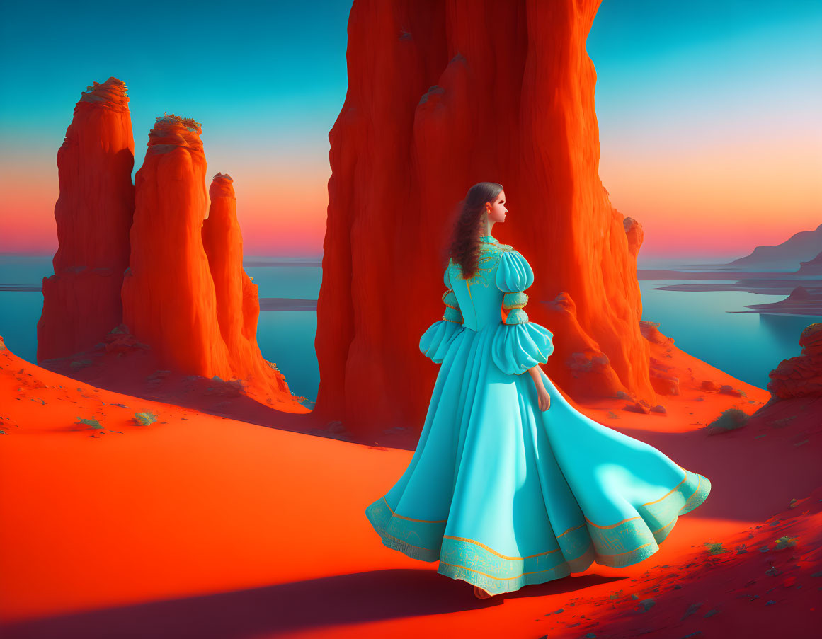 Woman in vintage blue dress in surreal red desert landscape.