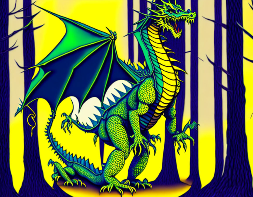 Colorful Dragon Illustration in Stylized Forest