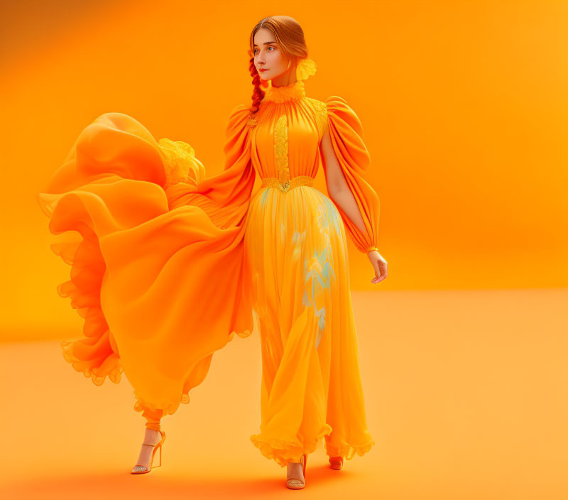 Woman in flowing orange dress against matching background with hand on face