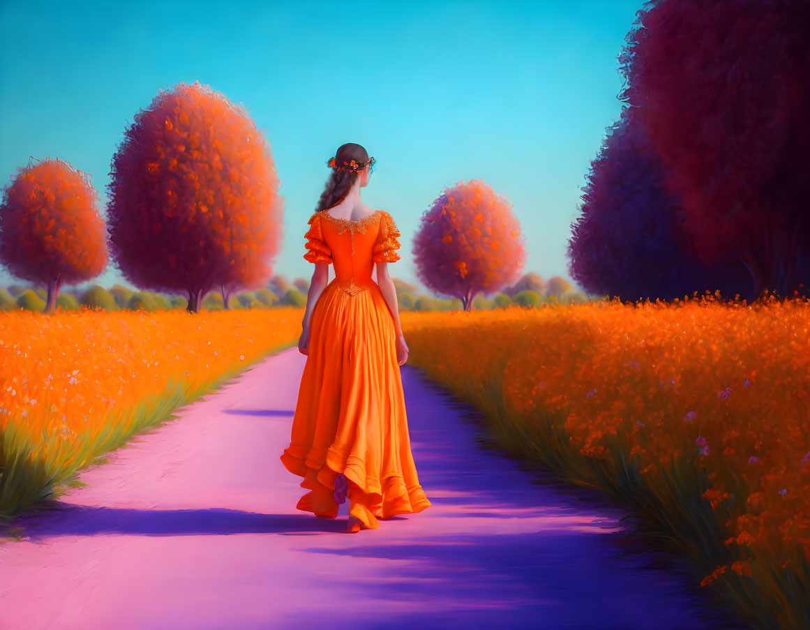 Woman in Orange Dress Walking Among Vibrant Autumn Scene